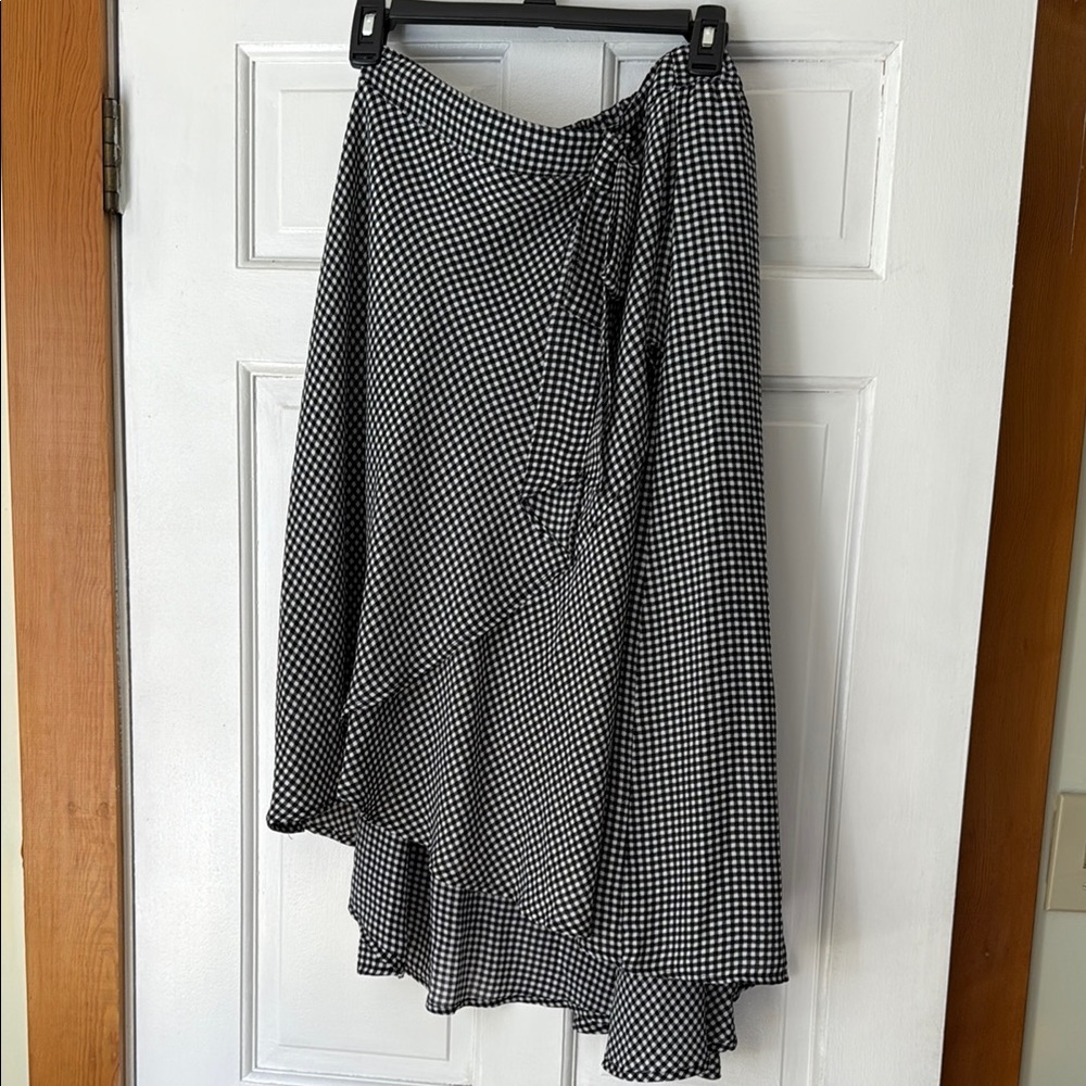 Elle Black and White Asymmetrical Midi Faux Wrap Skirt